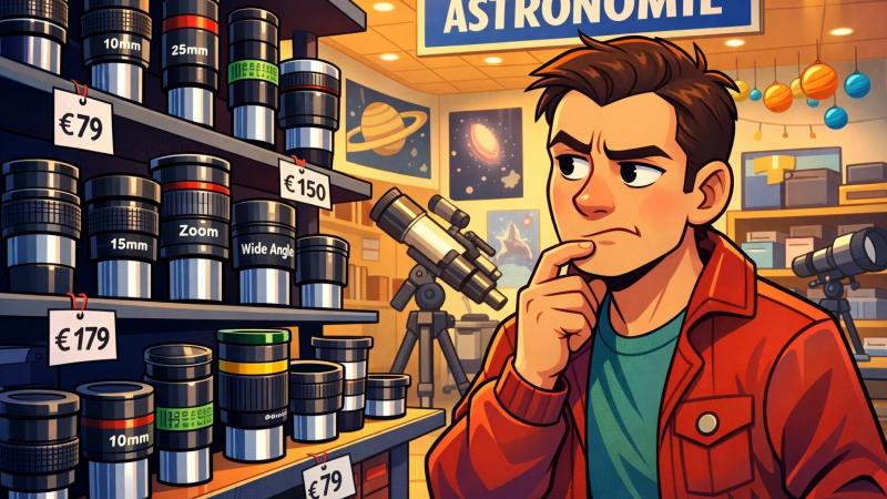 Illustration d'un homme hésitant devant un rayon d'oculaires pour télescope dans un magasin d'astronomie.